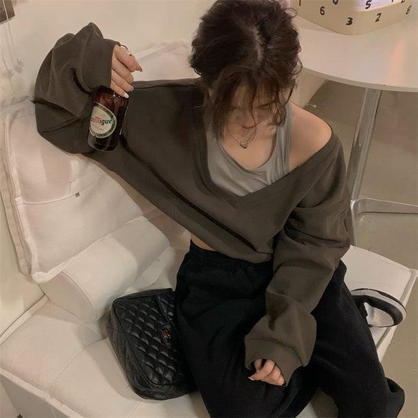 タンクトップオフショルトレーナー 6543-brown_即納6543-画像3-韓国ファッション通販POPREA［ポップリア］