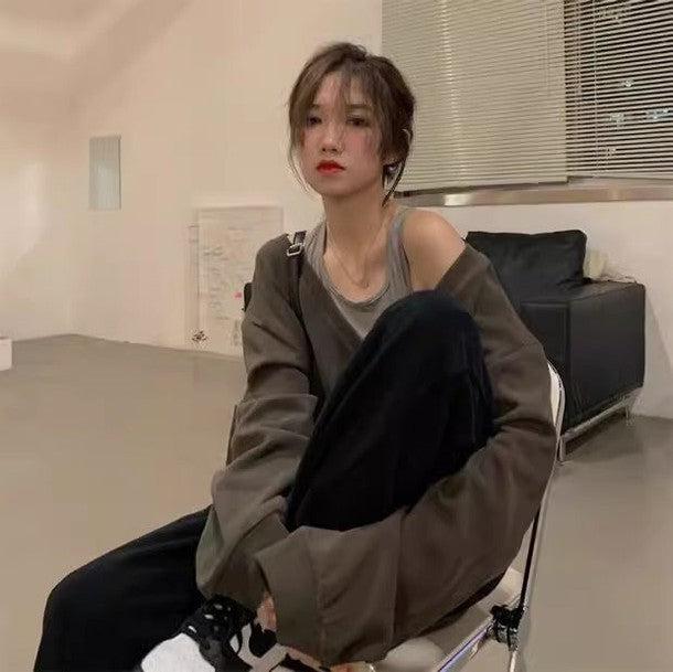 タンクトップオフショルトレーナー 6543-brown_即納6543-画像4-韓国ファッション通販POPREA［ポップリア］