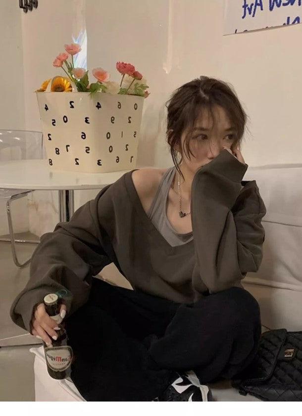 タンクトップオフショルトレーナー 6543-brown_即納6543-画像5-韓国ファッション通販POPREA［ポップリア］