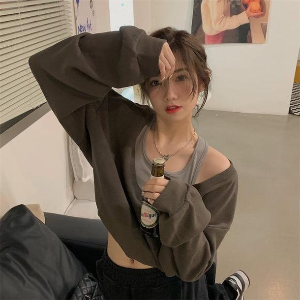 タンクトップオフショルトレーナー 6543-brown_即納6543-画像8-韓国ファッション通販POPREA［ポップリア］