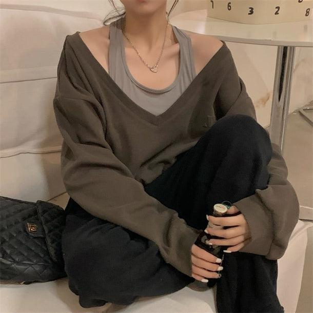 タンクトップオフショルトレーナー 6543-brown_即納6543-画像1-韓国ファッション通販POPREA［ポップリア］