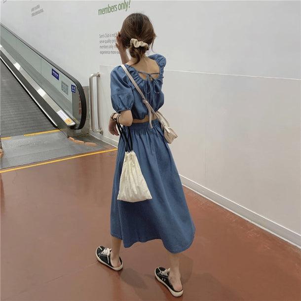 デニムバックリボントップス＆スカート 6698-blue_即納6698-画像3-韓国ファッション通販POPREA［ポップリア］