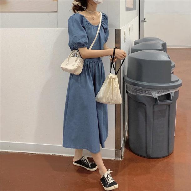 デニムバックリボントップス＆スカート 6698-blue_即納6698-画像4-韓国ファッション通販POPREA［ポップリア］