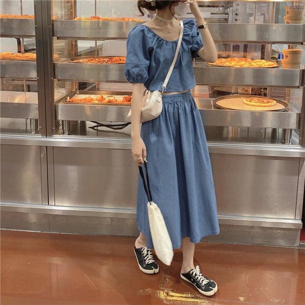 デニムバックリボントップス＆スカート 6698-blue_即納6698-画像5-韓国ファッション通販POPREA［ポップリア］