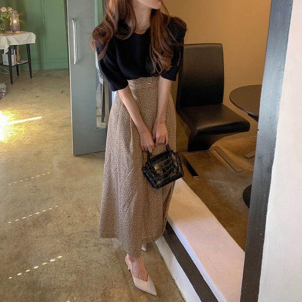 サマーニット&レトロフラワースカート 6735-black&beige_即納6735-画像2-韓国ファッション通販POPREA［ポップリア］