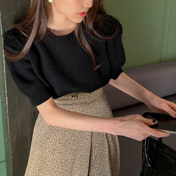 サマーニット&レトロフラワースカート 6735-black&beige_即納6735-画像4-韓国ファッション通販POPREA［ポップリア］