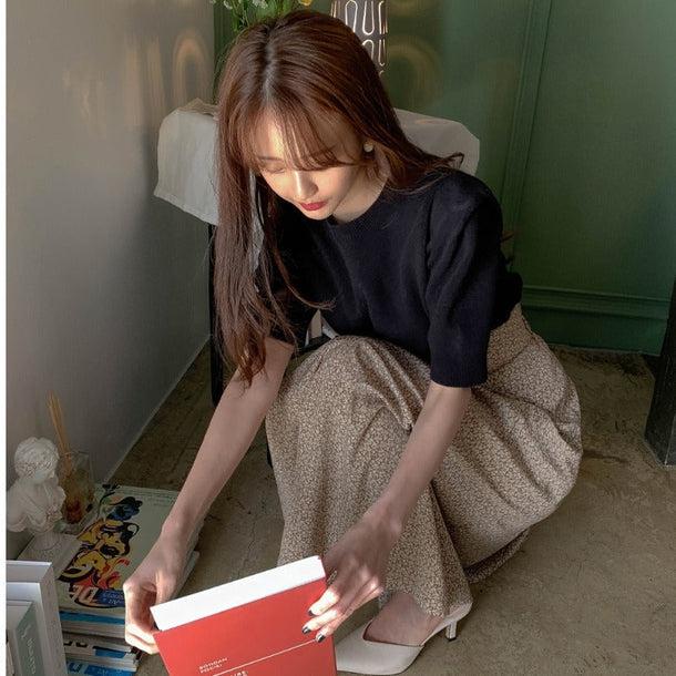 サマーニット&レトロフラワースカート 6735-black&beige_即納6735-画像5-韓国ファッション通販POPREA［ポップリア］