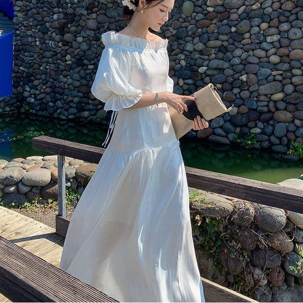 オフショルバッグリボンドレス﻿ 6760-white_即納6760-画像1-韓国ファッション通販POPREA［ポップリア］