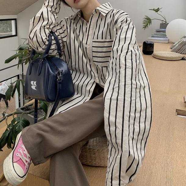 ストライプオーバーサイズシャツ 6523-black_即納6523-画像2-韓国ファッション通販POPREA［ポップリア］