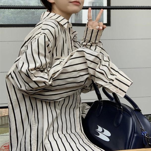 ストライプオーバーサイズシャツ 6523-black_即納6523-画像4-韓国ファッション通販POPREA［ポップリア］