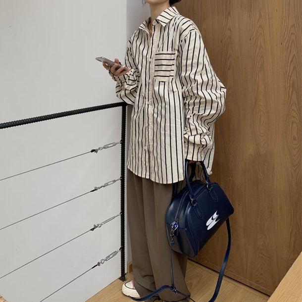 ストライプオーバーサイズシャツ 6523-black_即納6523-画像6-韓国ファッション通販POPREA［ポップリア］