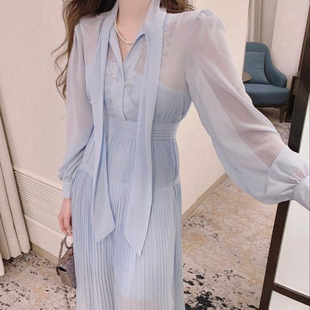 ブルーシフォンシアードレス 6618-blue_即納6618-画像2-韓国ファッション通販POPREA［ポップリア］