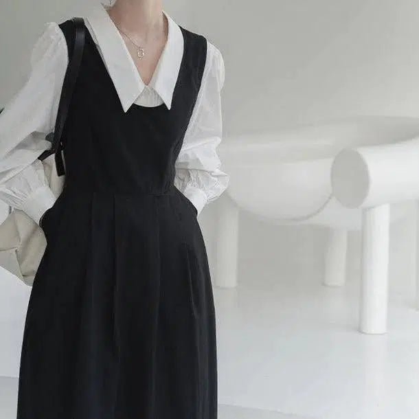 バックリボンVネックジャンパースカート﻿﻿ 6567-black_即納6567-画像2-韓国ファッション通販POPREA［ポップリア］