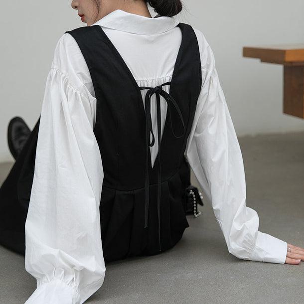 バックリボンVネックジャンパースカート﻿﻿ 6567-black_即納6567-画像1-韓国ファッション通販POPREA［ポップリア］