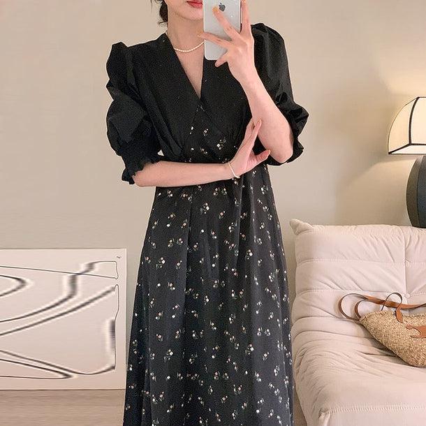 Vネックレトロフラワーロングワンピ 6704-black_即納6704-画像2-韓国ファッション通販POPREA［ポップリア］