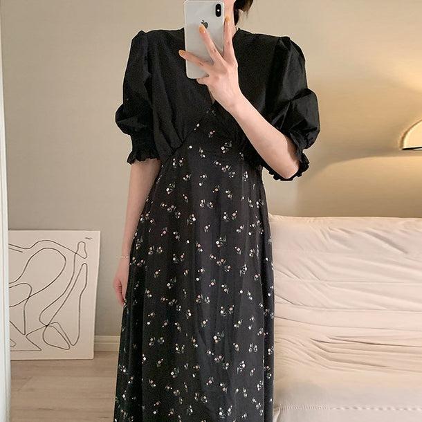 Vネックレトロフラワーロングワンピ 6704-black_即納6704-画像4-韓国ファッション通販POPREA［ポップリア］