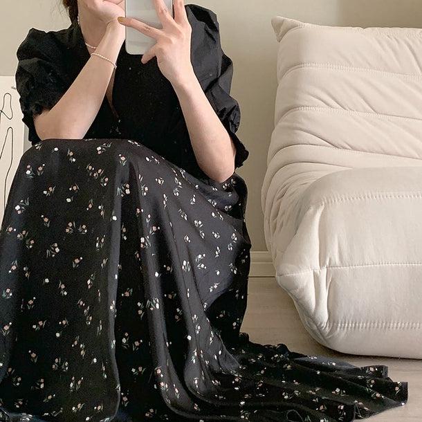 Vネックレトロフラワーロングワンピ 6704-black_即納6704-画像5-韓国ファッション通販POPREA［ポップリア］