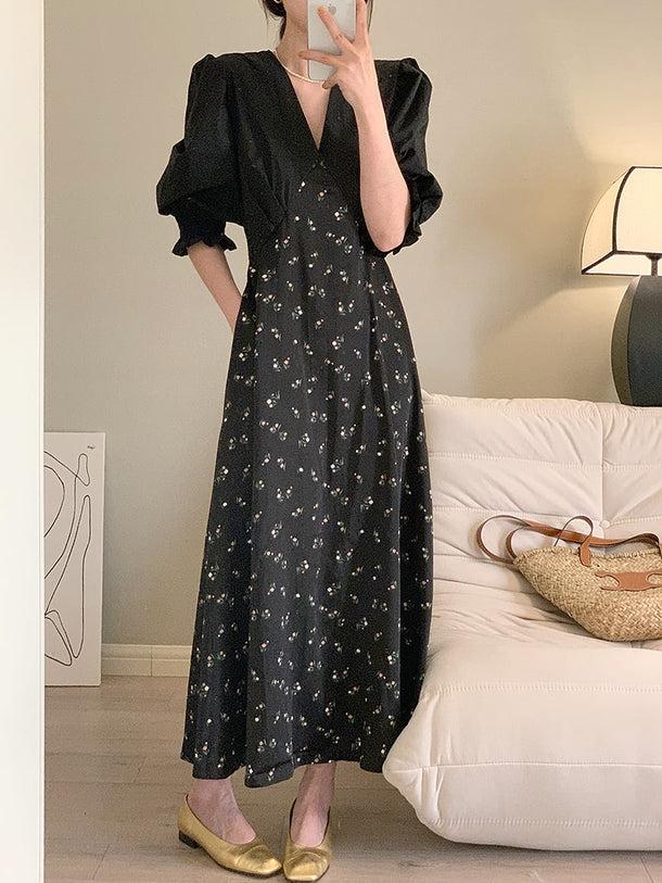 Vネックレトロフラワーロングワンピ 6704-black_即納6704-画像6-韓国ファッション通販POPREA［ポップリア］