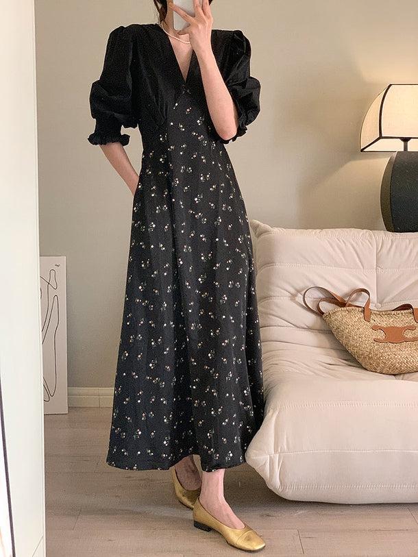 Vネックレトロフラワーロングワンピ 6704-black_即納6704-画像7-韓国ファッション通販POPREA［ポップリア］