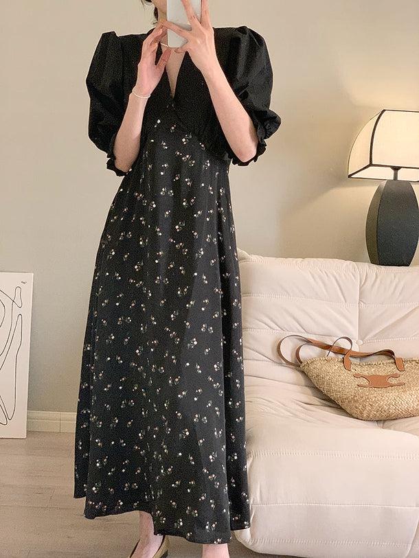 Vネックレトロフラワーロングワンピ 6704-black_即納6704-画像8-韓国ファッション通販POPREA［ポップリア］