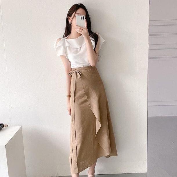 オフショルブラウス＋ロングスカート 6736-white × beige_お取り寄せ67361-画像2-韓国ファッション通販POPREA［ポップリア］