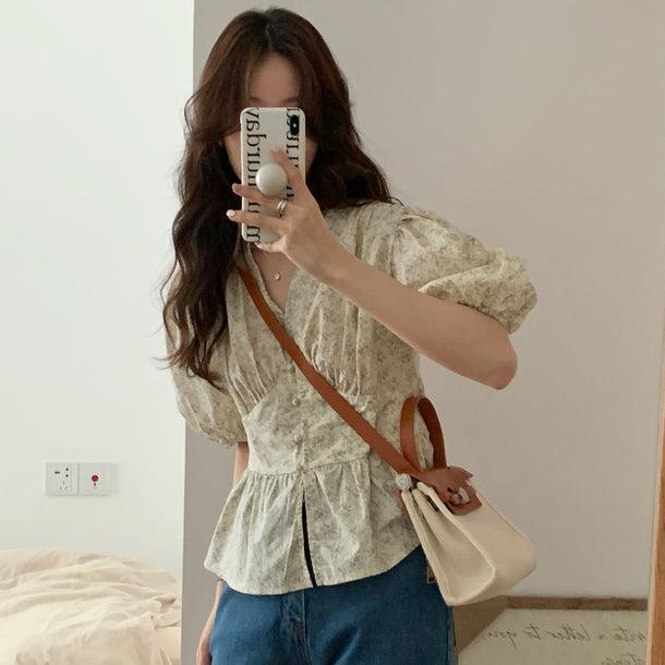 花柄ペプラムブラウス﻿ 5986-ivory_お取り寄せ5986-画像2-韓国ファッション通販POPREA［ポップリア］