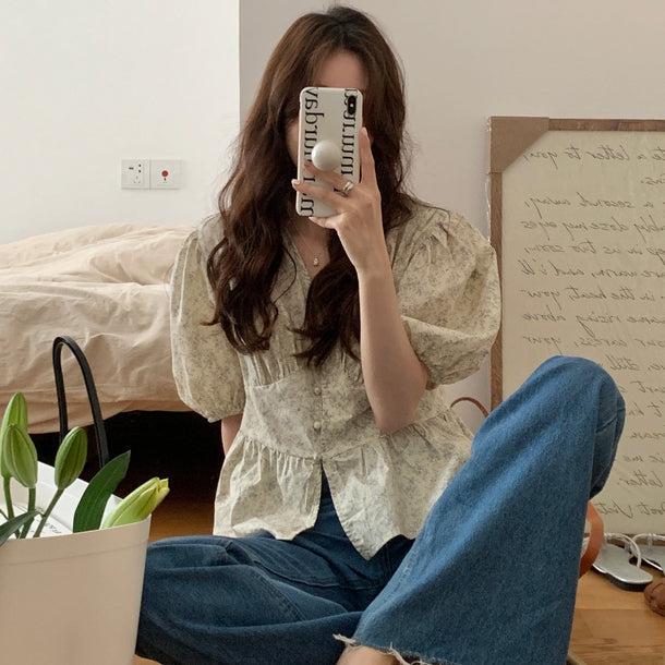 花柄ペプラムブラウス﻿ 5986-ivory_お取り寄せ5986-画像3-韓国ファッション通販POPREA［ポップリア］