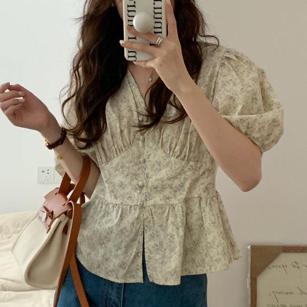 花柄ペプラムブラウス﻿ 5986-ivory_お取り寄せ5986-画像1-韓国ファッション通販POPREA［ポップリア］