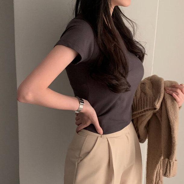 シンプルタイトブラウンTシャツ﻿﻿﻿﻿ 5989-brown_お取り寄せ5989-画像2-韓国ファッション通販POPREA［ポップリア］