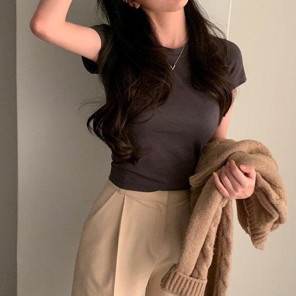 シンプルタイトブラウンTシャツ﻿﻿﻿﻿ 5989-brown_お取り寄せ5989-画像3-韓国ファッション通販POPREA［ポップリア］