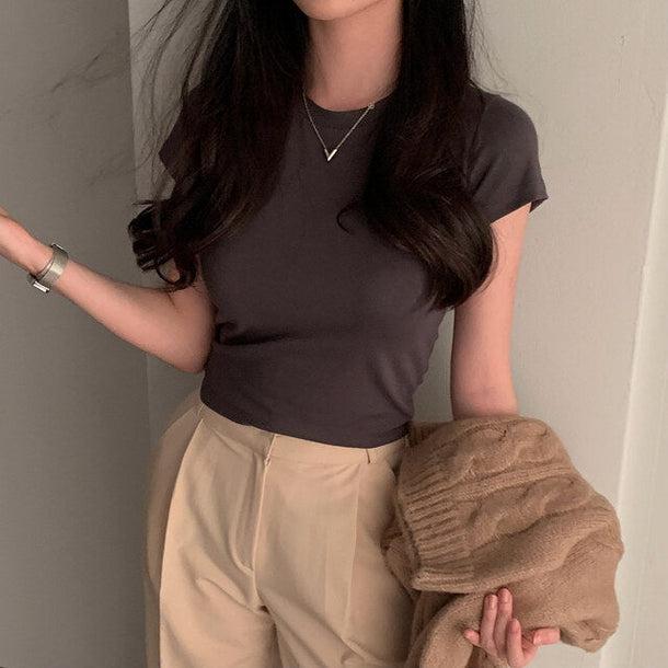 シンプルタイトブラウンTシャツ﻿﻿﻿﻿ 5989-brown_お取り寄せ5989-画像4-韓国ファッション通販POPREA［ポップリア］