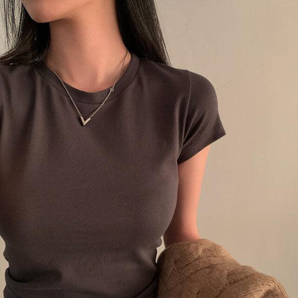 シンプルタイトブラウンTシャツ﻿﻿﻿﻿ 5989-brown_お取り寄せ5989-画像6-韓国ファッション通販POPREA［ポップリア］