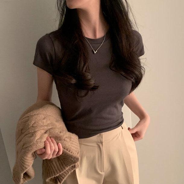 シンプルタイトブラウンTシャツ﻿﻿﻿﻿ 5989-brown_お取り寄せ5989-画像7-韓国ファッション通販POPREA［ポップリア］