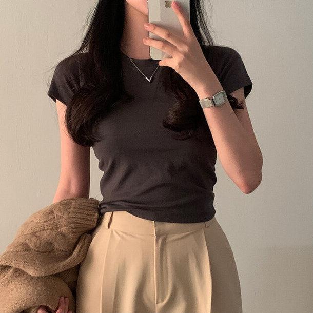 シンプルタイトブラウンTシャツ﻿﻿﻿﻿ 5989-brown_お取り寄せ5989-画像1-韓国ファッション通販POPREA［ポップリア］