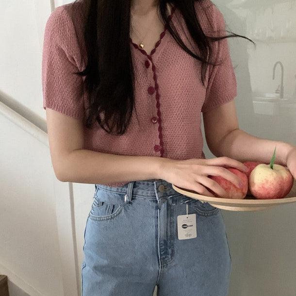 Vネックピンクショートカーディガン﻿﻿﻿﻿ 5990-pink_お取り寄せ5990-画像3-韓国ファッション通販POPREA［ポップリア］