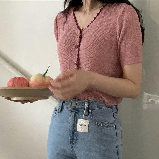 Vネックピンクショートカーディガン﻿﻿﻿﻿ 5990-pink_お取り寄せ5990-画像5-韓国ファッション通販POPREA［ポップリア］