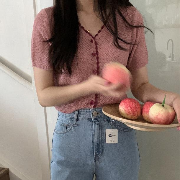 Vネックピンクショートカーディガン﻿﻿﻿﻿ 5990-pink_お取り寄せ5990-画像7-韓国ファッション通販POPREA［ポップリア］