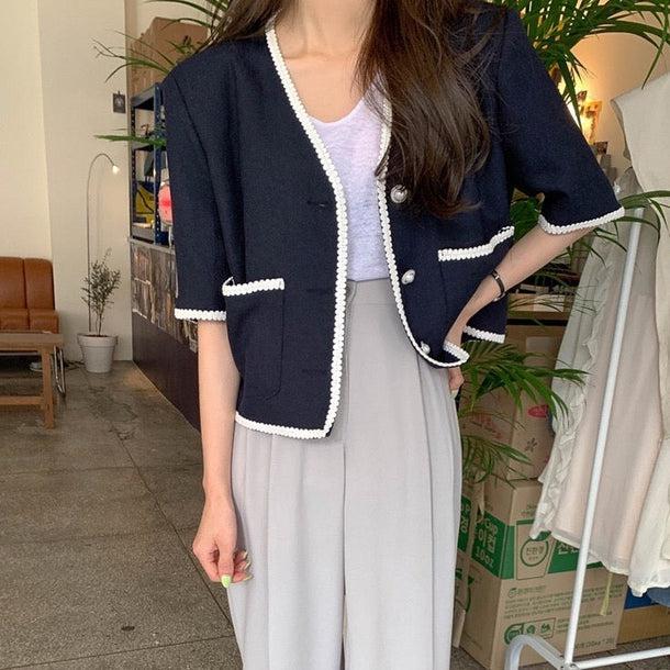 Vネックウエスタンステッチジャケット﻿﻿﻿﻿ 5991-navy-blue_お取り寄せ5991-画像2-韓国ファッション通販POPREA［ポップリア］