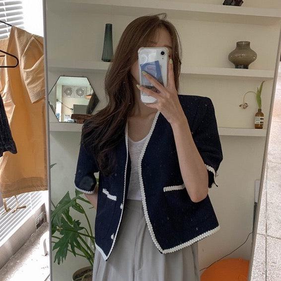 Vネックウエスタンステッチジャケット﻿﻿﻿﻿ 5991-navy-blue_お取り寄せ5991-画像5-韓国ファッション通販POPREA［ポップリア］