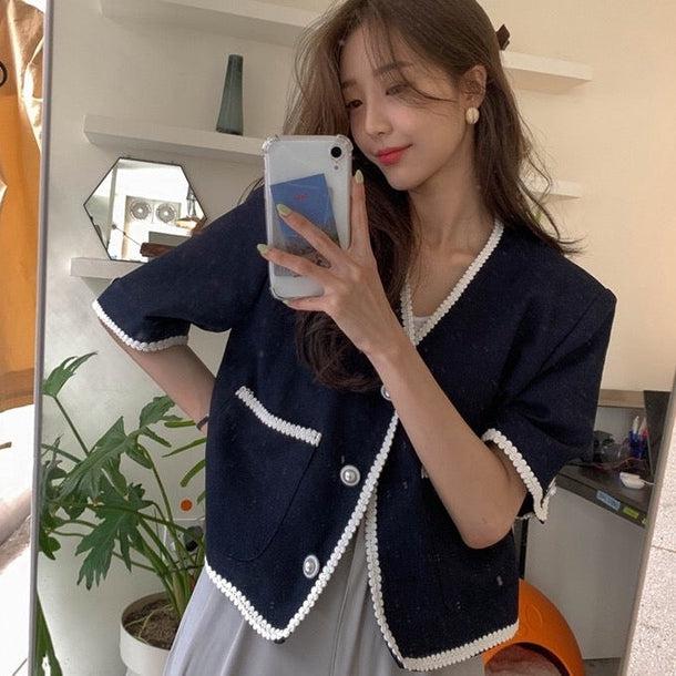 Vネックウエスタンステッチジャケット﻿﻿﻿﻿ 5991-navy-blue_お取り寄せ5991-画像1-韓国ファッション通販POPREA［ポップリア］