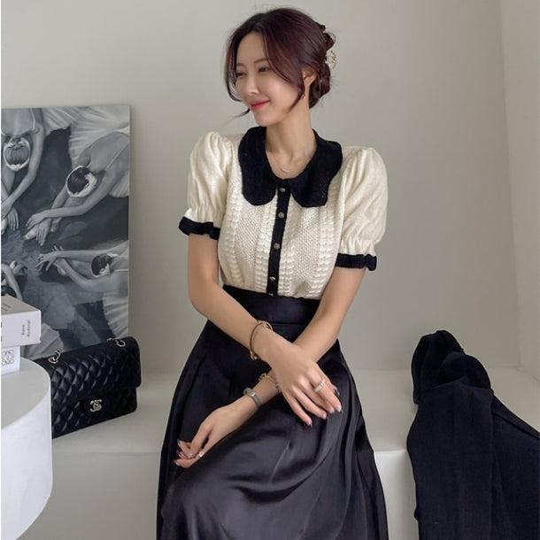 スリムフィットパフスリーブニットブラウス 5999-ivory_お取り寄せ5999-画像2-韓国ファッション通販POPREA［ポップリア］