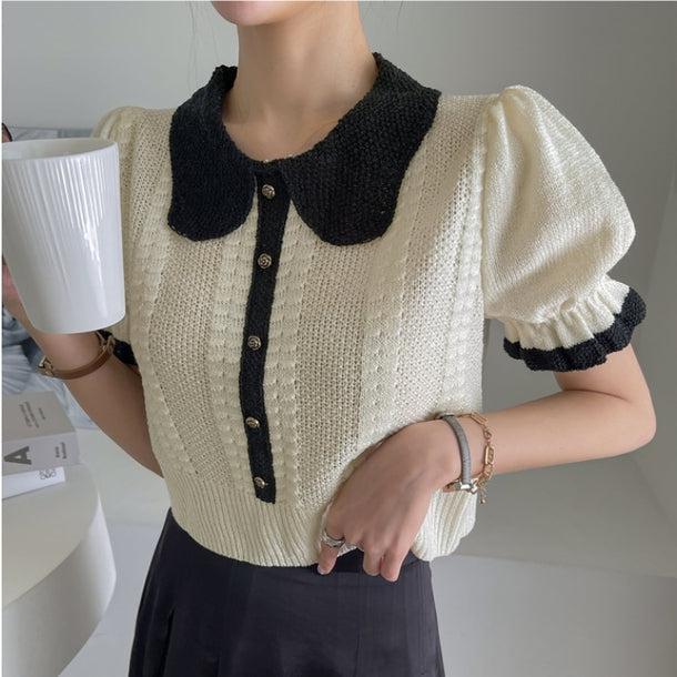 スリムフィットパフスリーブニットブラウス 5999-ivory_お取り寄せ5999-画像3-韓国ファッション通販POPREA［ポップリア］