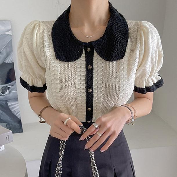 スリムフィットパフスリーブニットブラウス 5999-ivory_お取り寄せ5999-画像5-韓国ファッション通販POPREA［ポップリア］