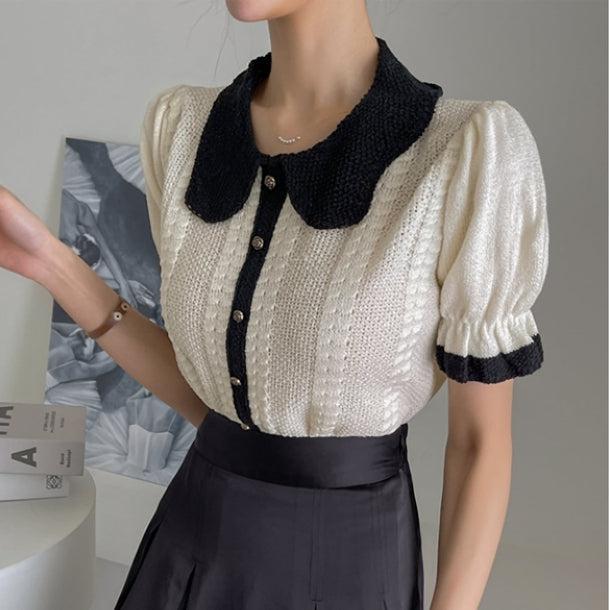 スリムフィットパフスリーブニットブラウス 5999-ivory_お取り寄せ5999-画像1-韓国ファッション通販POPREA［ポップリア］