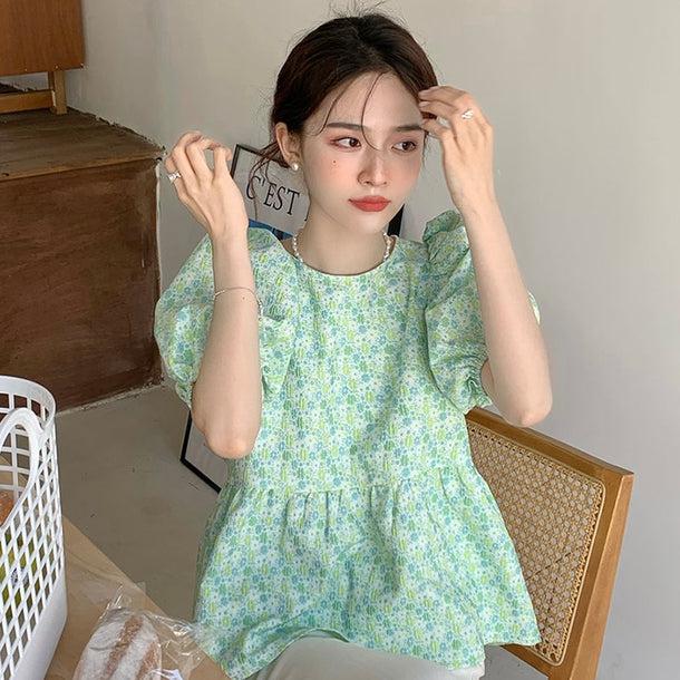 バックビックリボンフラワーブラウス 6003-green_お取り寄せ6003-画像2-韓国ファッション通販POPREA［ポップリア］