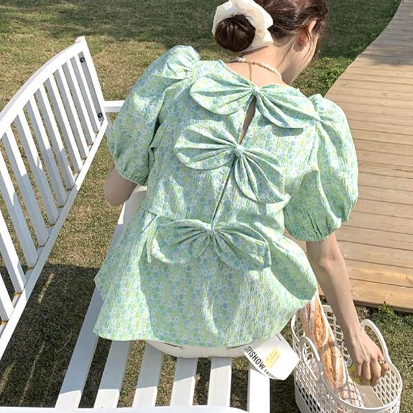 バックビックリボンフラワーブラウス 6003-green_お取り寄せ6003-画像5-韓国ファッション通販POPREA［ポップリア］