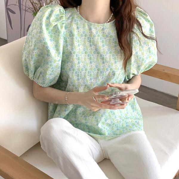 バックビックリボンフラワーブラウス 6003-green_お取り寄せ6003-画像6-韓国ファッション通販POPREA［ポップリア］