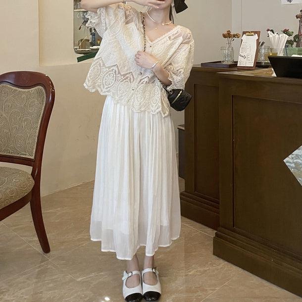 パフスリーブレースブラウス＆スカート 6014-ivory_お取り寄せ6014-画像2-韓国ファッション通販POPREA［ポップリア］