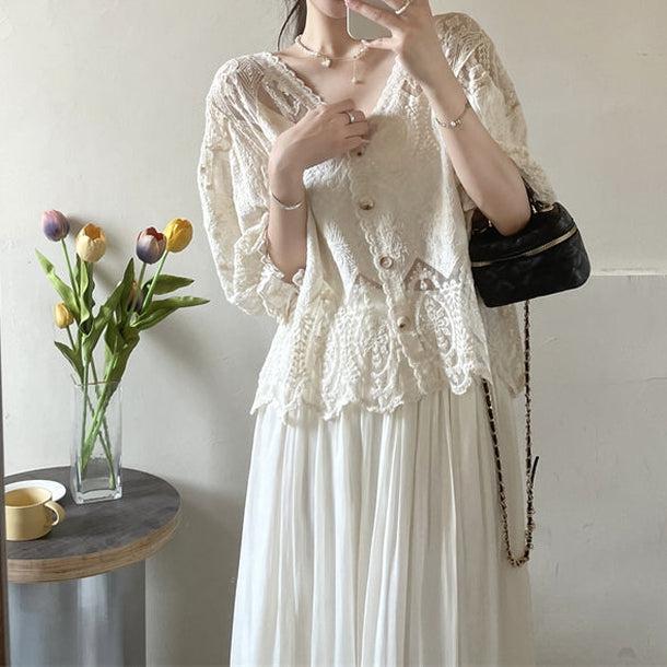 パフスリーブレースブラウス＆スカート 6014-ivory_お取り寄せ6014-画像1-韓国ファッション通販POPREA［ポップリア］