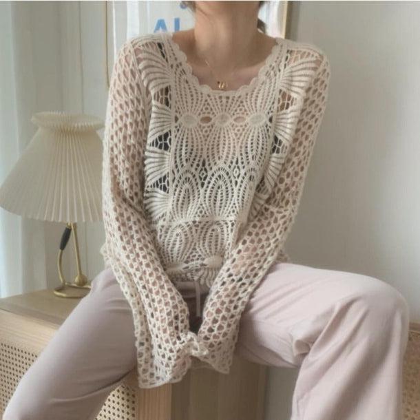 クロシェ長袖ニット 6027-beige_お取り寄せ60272-画像6-韓国ファッション通販POPREA［ポップリア］